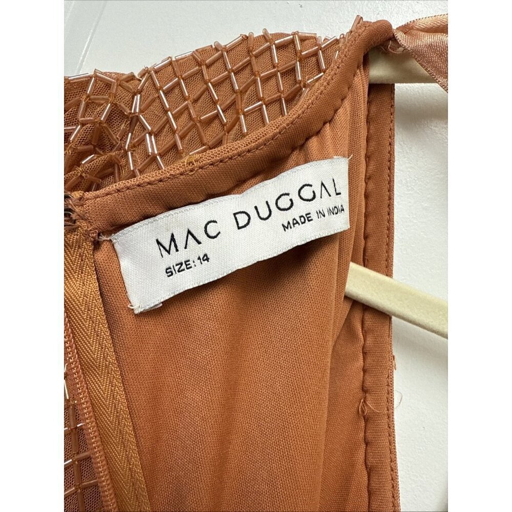 Mac Duggal Size 14 Orange Beaded Wrap Over Puff Sleeve Midi Dress Rhinestone NWT - Picture 9 of 10